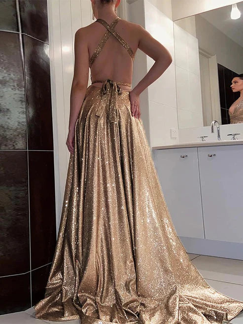 Luolandi A-Line/Princess Ruffles V-neck Sleeveless Sweep/Brush Train Dresses Sparkly Evening Dress With Slit